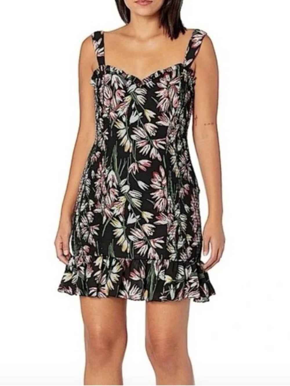 LIKELY Black Floral Ruffle Smocked Mini Dress‎ Pink Green Print